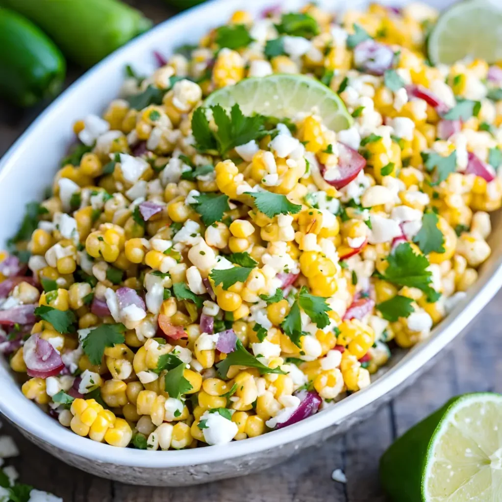 The Ultimate 2025 Guide to Sides That Go with Mexican Lasagna 2 A bowl of Mexican Street Corn Salad with grilled corn, cotija cheese, and lime wedges.