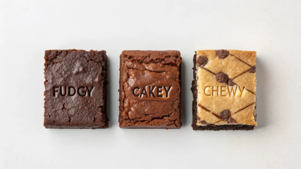 What Are the 3 Types of Brownies? 6 Amazing Tips to Choose Your Favorite 2 A high-resolution, top-down view of three brownies on a white background—each distinctively styled as fudgy, cakey, and chewy, with elegant labels identifying each type.