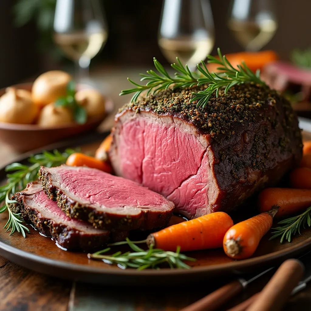 A beautifully roasted prime rib with a golden herb crust, garnished with fresh rosemary and thyme, surrounded by caramelized vegetables on a festive dining table.