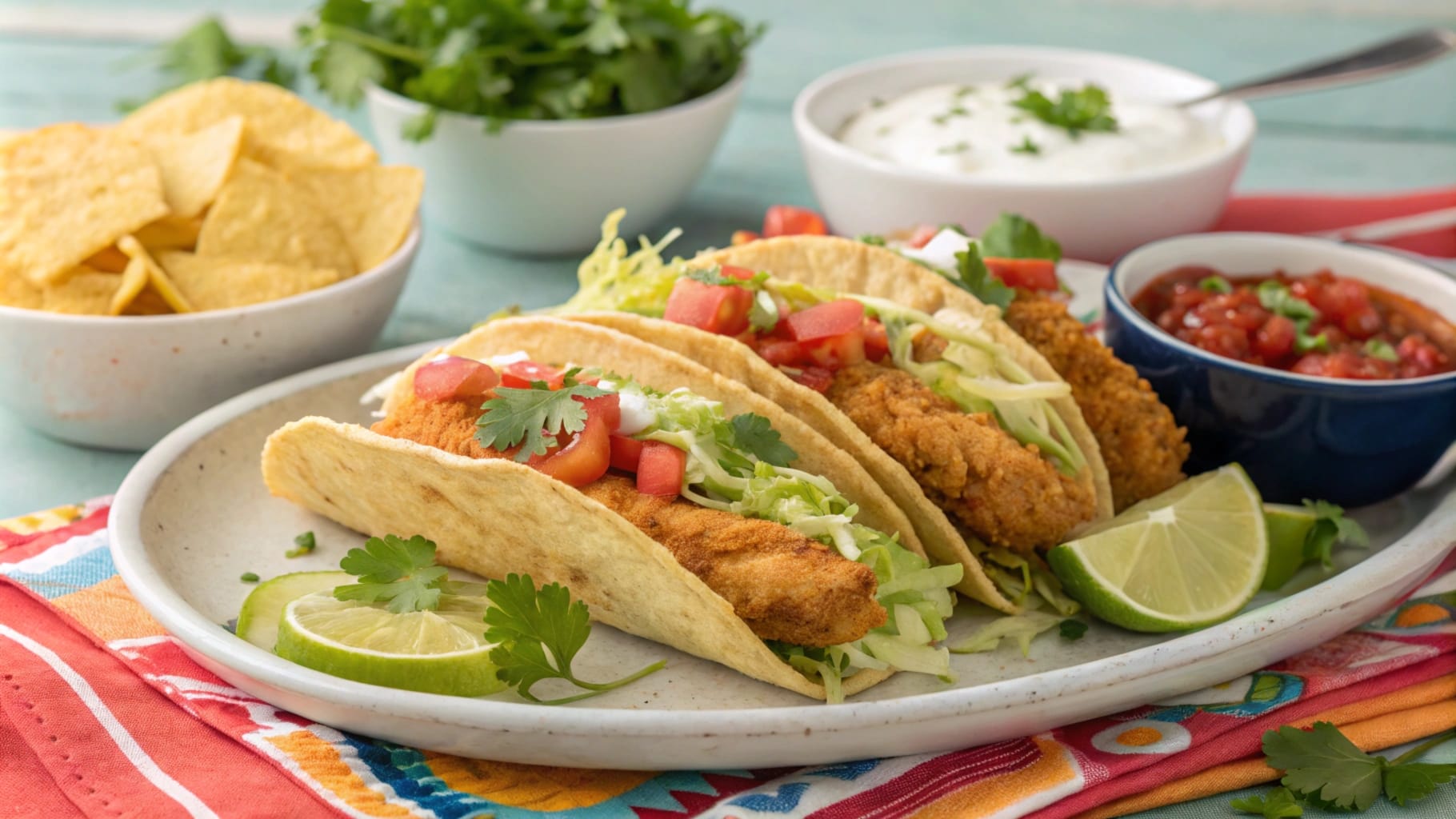 What are Crispy Chicken Tacos Made of ? A plate of assembled crispy chicken tacos served with lime wedges and dipping sauces.