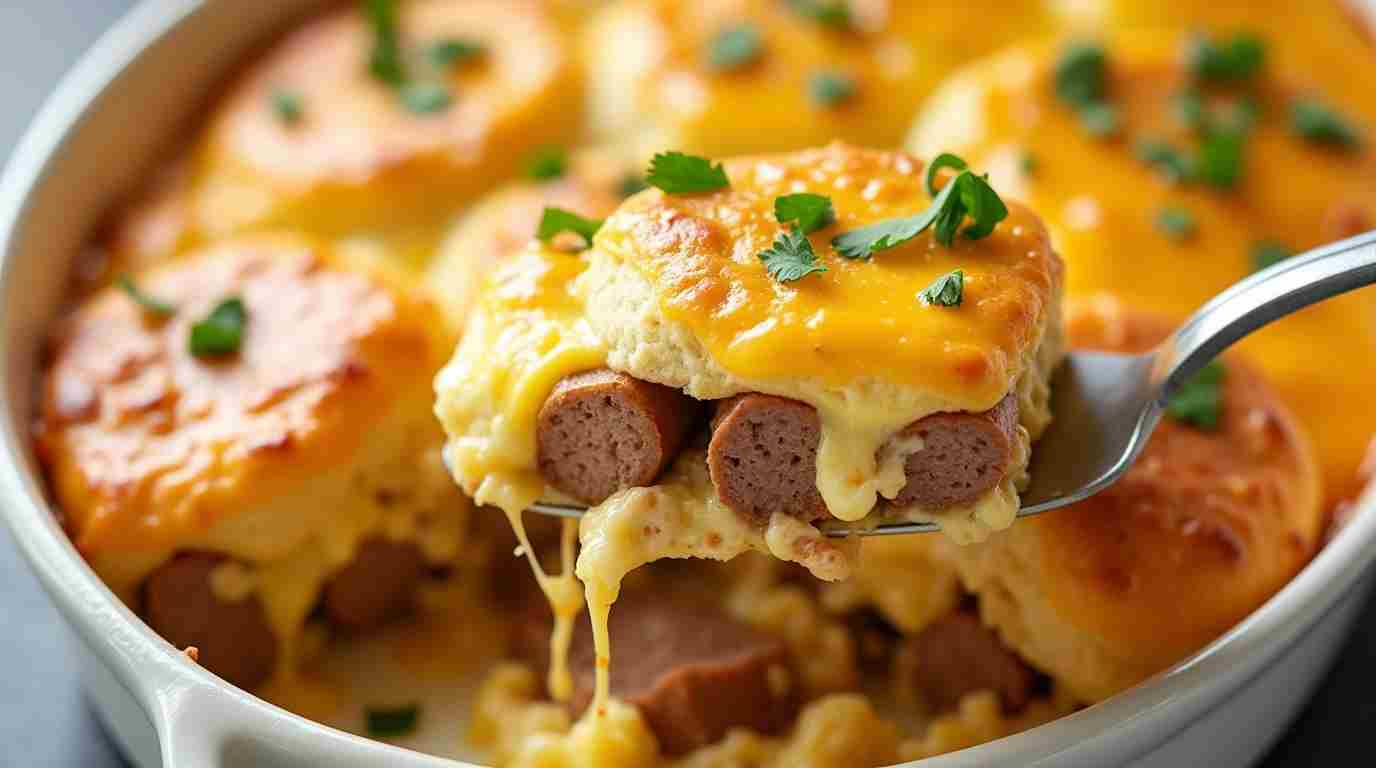 Fully baked sausage egg and biscuit casserole garnished with parsley