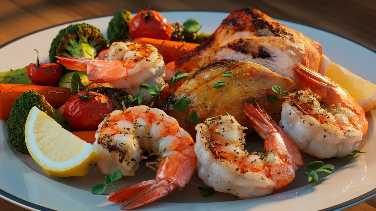 Eat Shrimp and Chicken. A balanced meal featuring shrimp, chicken, quinoa, and steamed vegetables on a plate.
