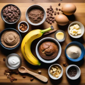 How to Master the Banana Bread Formula: Ratios, Ingredients, and 5 Tips 2 A neatly arranged display of ingredients for making banana bread, including bananas, flour, eggs, sugar, and optional add-ins like nuts and chocolate chips.