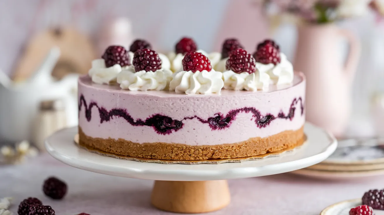 Blackberry Cheesecake Recipe. A beautifully decorated blackberry cheesecake topped with fresh blackberries and whipped cream on a white cake stand.