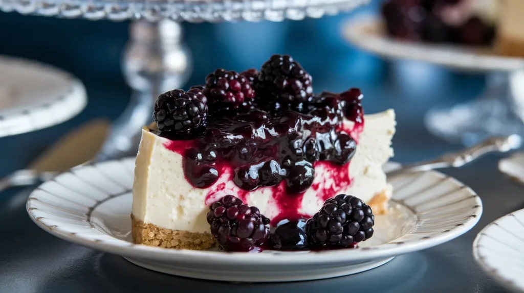How to Make Blackberry Sauce for Cheesecake? 4 A slice of cheesecake topped with glossy blackberry sauce and fresh blackberries on a white plate.