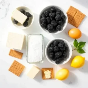 How to Make Blackberry Cheesecake: Easy and Delicious 2 Ingredients for blackberry cheesecake laid out, including blackberries, cream cheese, sugar, graham crackers, and eggs.