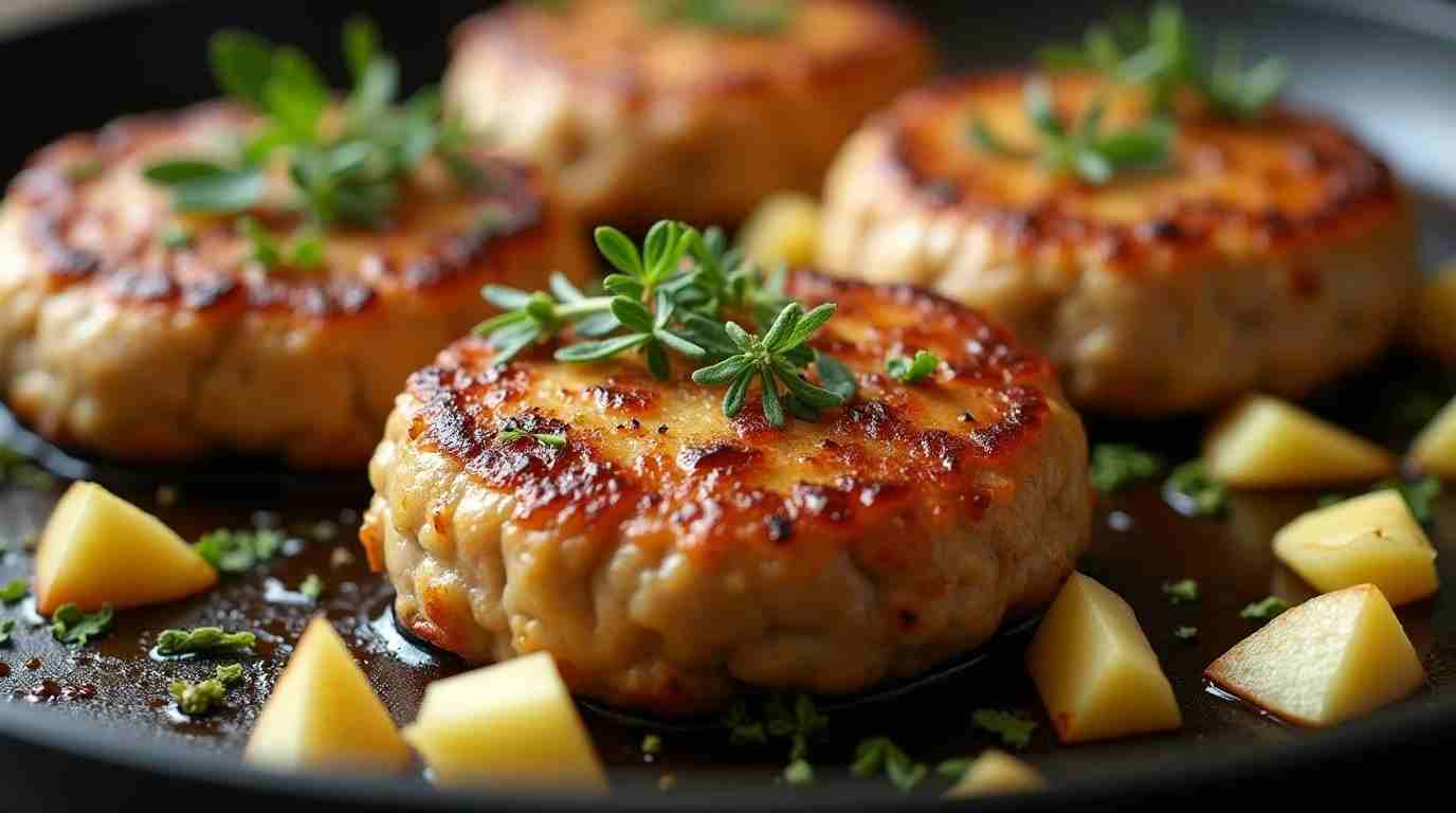 Chicken Apple Sausage Recipe. Golden-brown chicken apple sausage patties cooking on a skillet with fresh herbs and apples.
