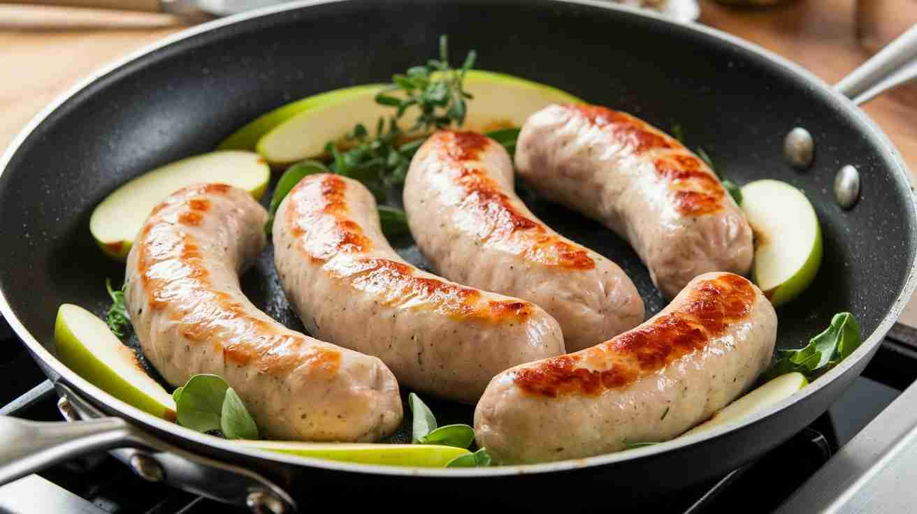Are the Chicken Apple Sausages Fully Cooked? Chicken apple sausages sizzling in a pan with herbs and apples.