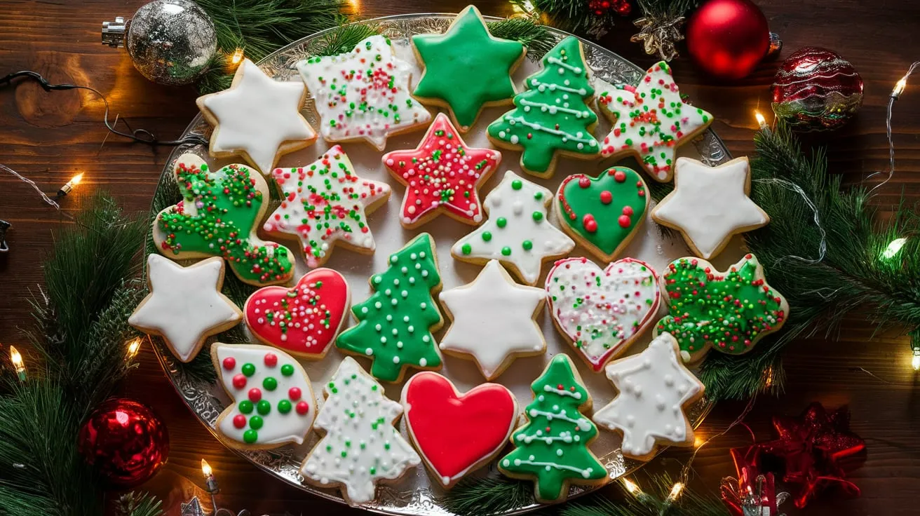 A festive platter of Christmas butter cookies, featuring a variety of shapes such as stars, trees, and hearts, decorated with colorful icing and sprinkles.