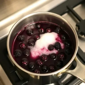 How to Make Blackberry Sauce for Cheesecake? 2 Fresh blackberries simmering in a saucepan with sugar and water on a stovetop.