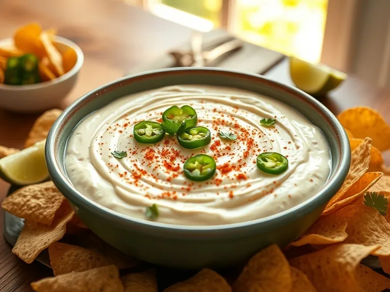 "A bowl of creamy cottage cheese queso served with tortilla chips, garnished with jalapeños and fresh cilantro."