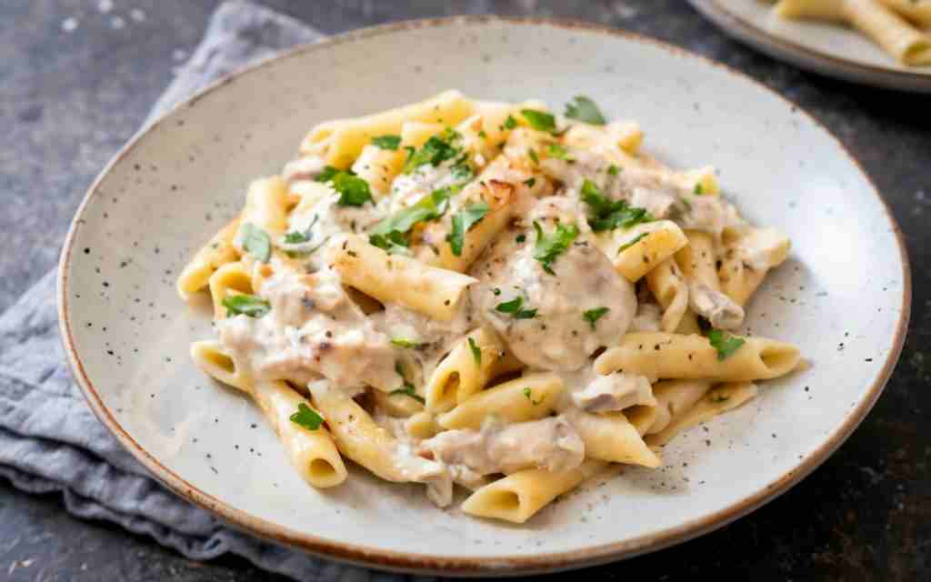 Can You Cook Pasta in the Same Pan as Chicken? 5 Brilliant Tips for Easy Dinners 2 Creamy chicken Alfredo pasta on a white plate with parsley garnish.