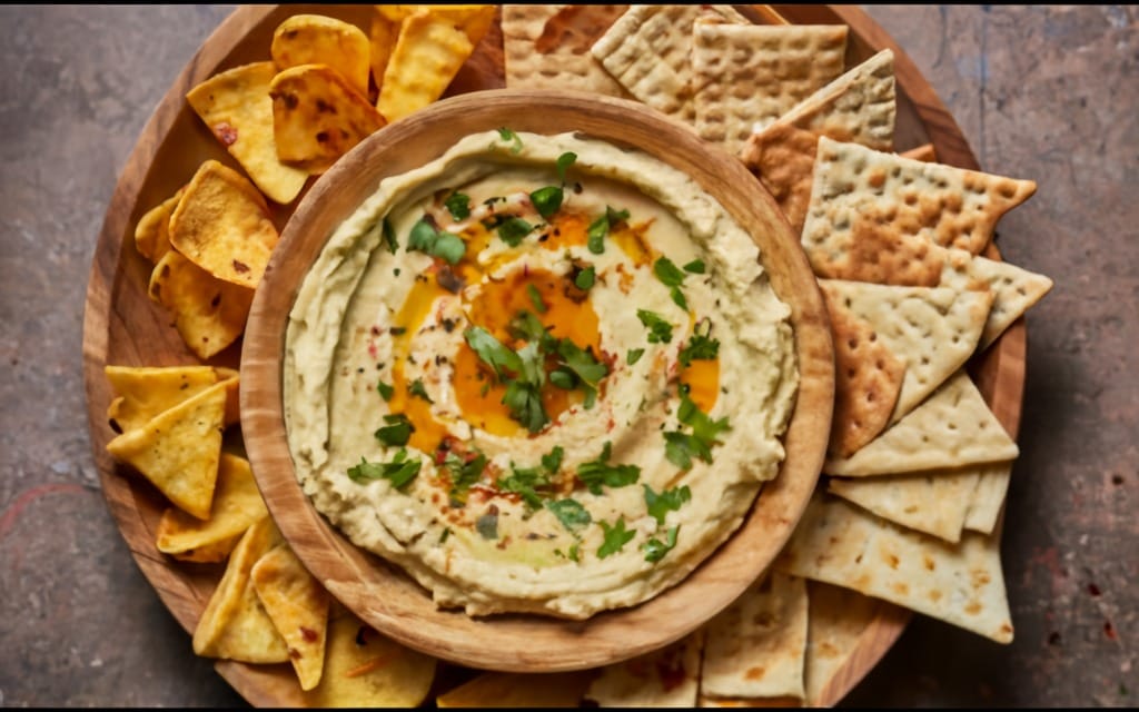 What Kind of Crackers Go with Hummus Dip? A bowl of creamy hummus surrounded by a variety of crackers on a wooden platter, garnished with fresh herbs and olive oil.