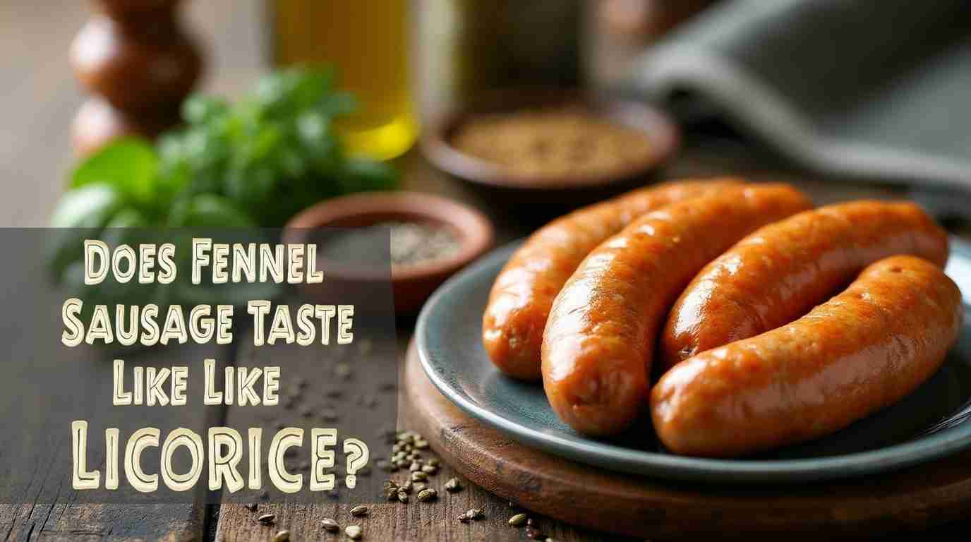 Does fennel sausage taste like licorice. Plate of fennel sausages with fennel seeds and fresh herbs on a rustic table.