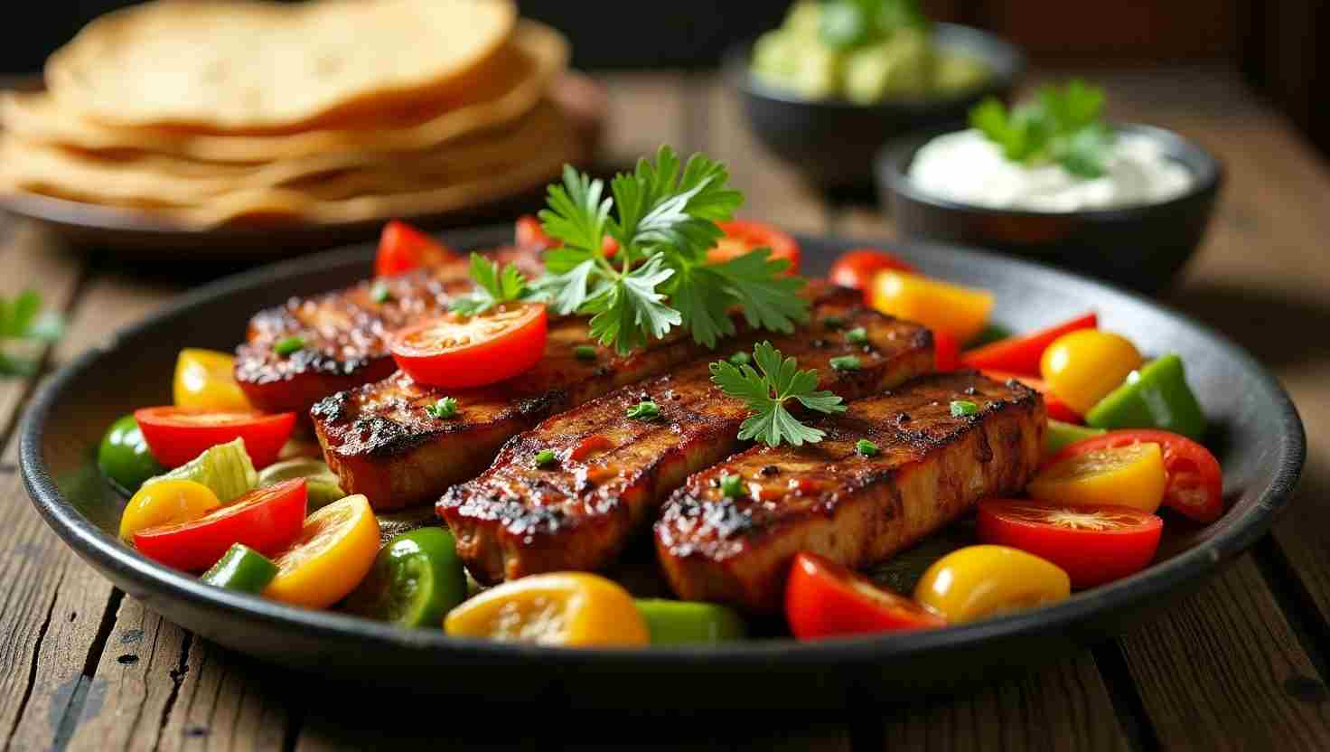 Fajita serving suggestions. Sizzling fajita platter with tortillas and toppings