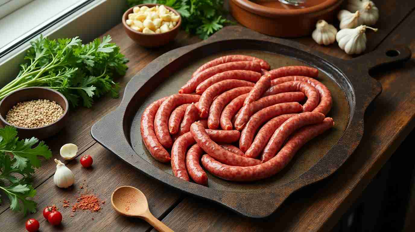 What is fennel sausage made of? Fresh pork shoulder, fennel seeds, garlic, and spices arranged on a wooden chopping board for fennel sausage preparation.