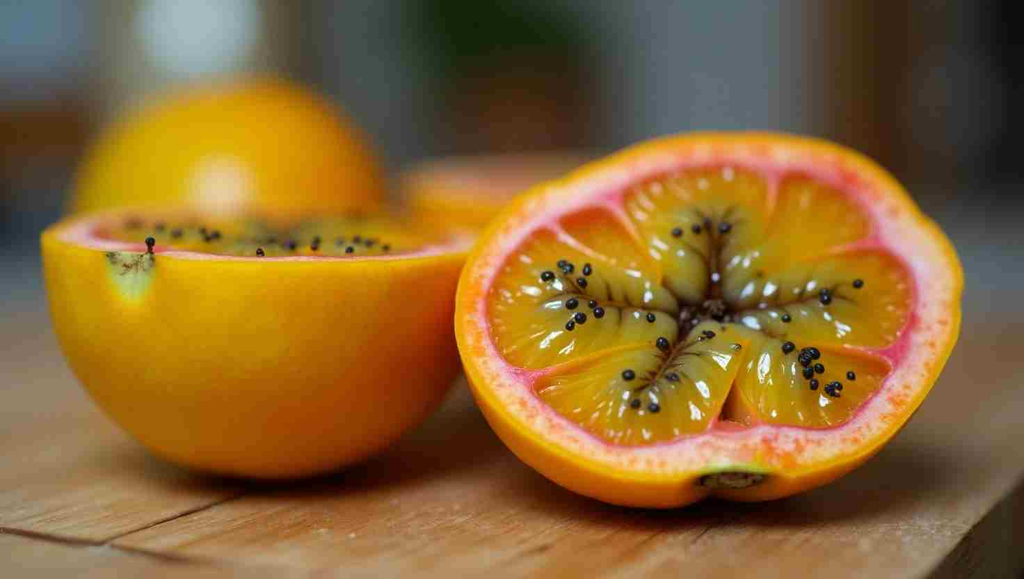 Maracuya Passion Fruit. Ripe passion fruit sliced open, showing orange pulp and seeds.