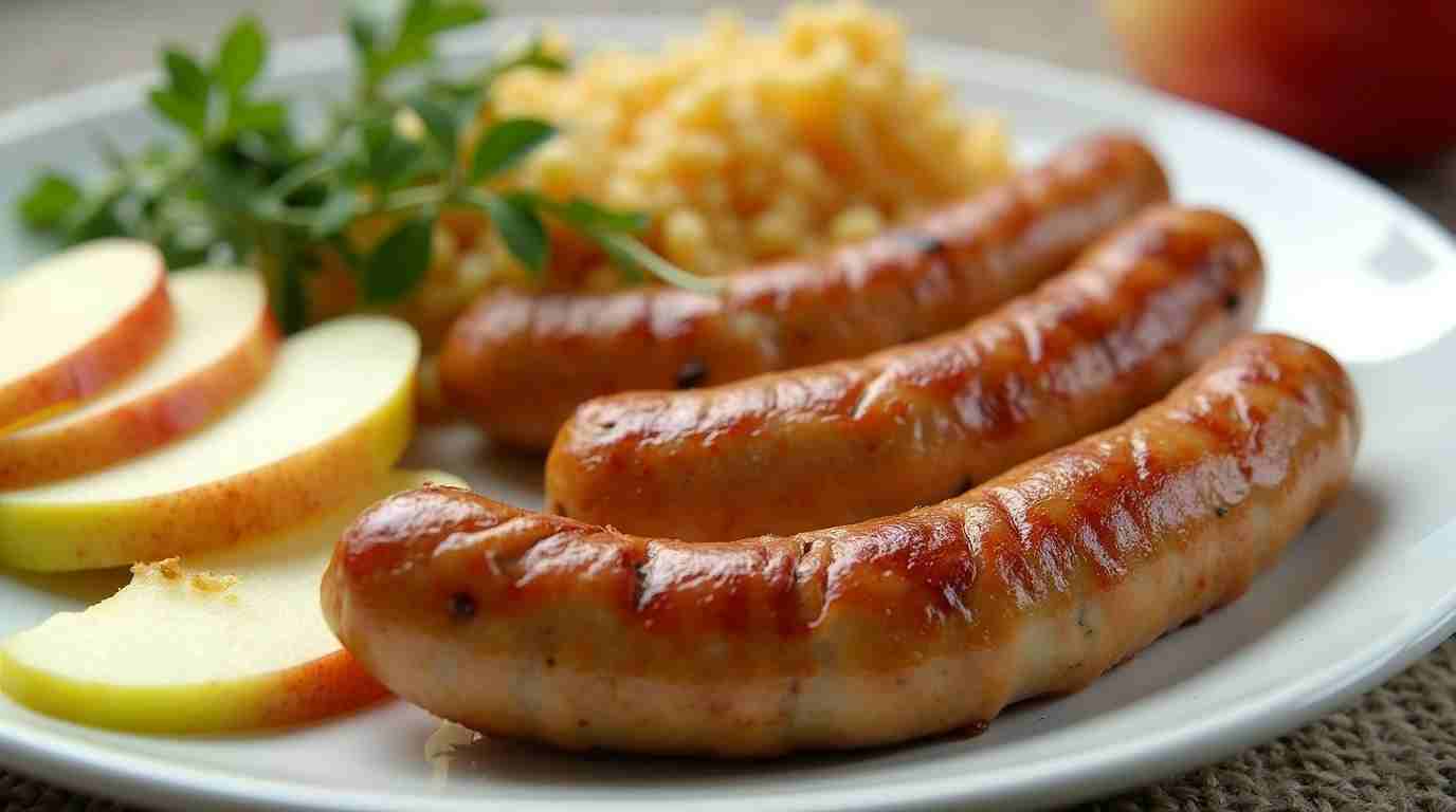 What Is Chicken Apple Sausage Made Of? Golden brown chicken apple sausage with apple slices and fresh herbs.