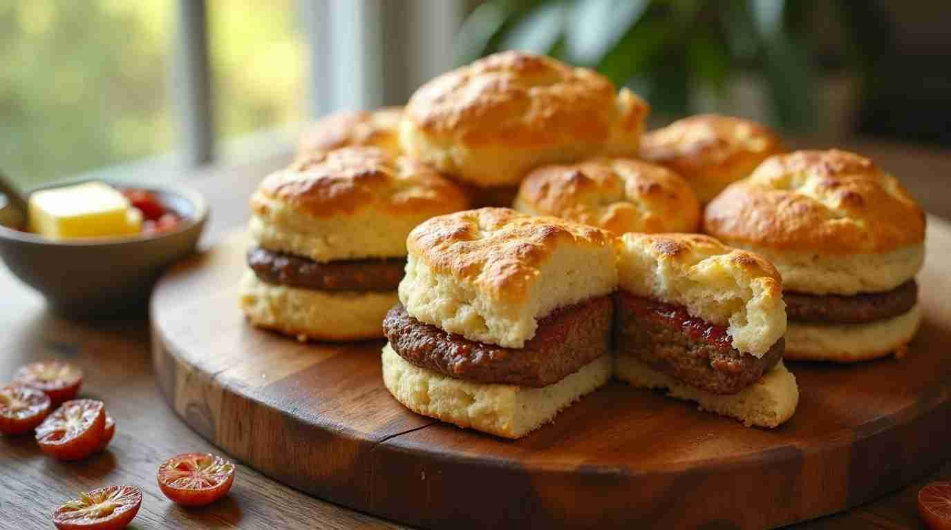 Freshly baked sausage biscuits on a wooden board with butter and jam.
