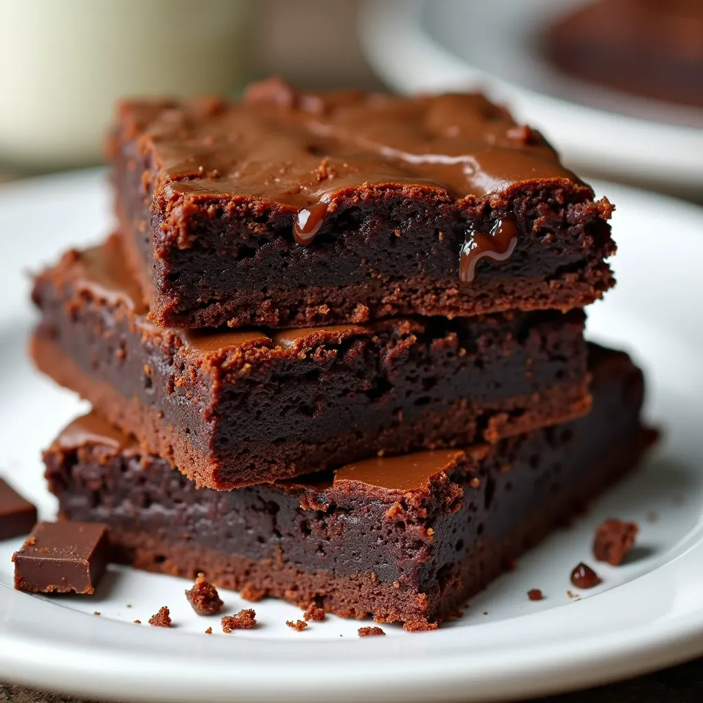A stack of fudgy brownies with a glossy, crackly top.