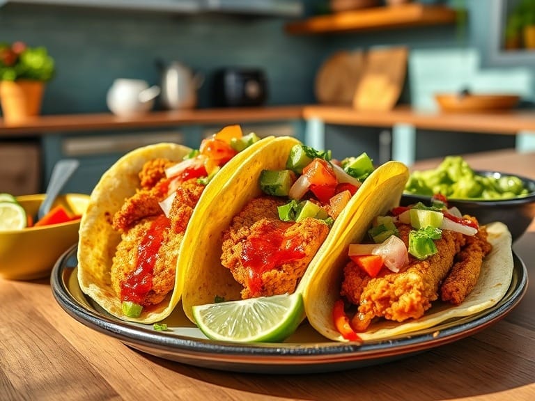 A plate of crispy chicken tacos with vibrant toppings and lime wedges.