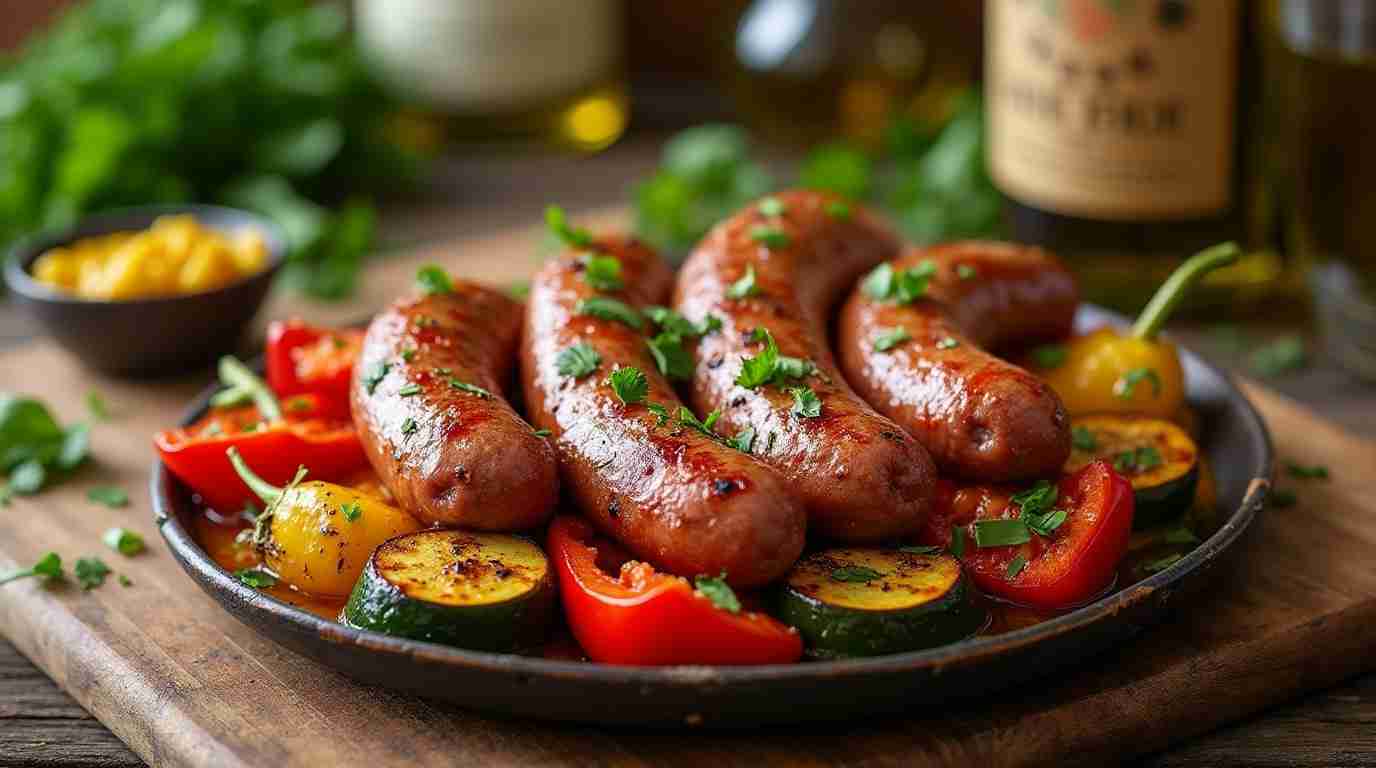 How to eat a delicious salsiccia sausage. Grilled salsiccia sausage served with roasted vegetables on a rustic table.
