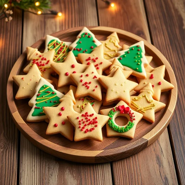 How to Make Nutter Butter Christmas Cookies: A Festive Recipe 3 A beautifully arranged platter of decorated Nutter Butter Christmas cookies with red, green, and gold sprinkles on a wooden table.