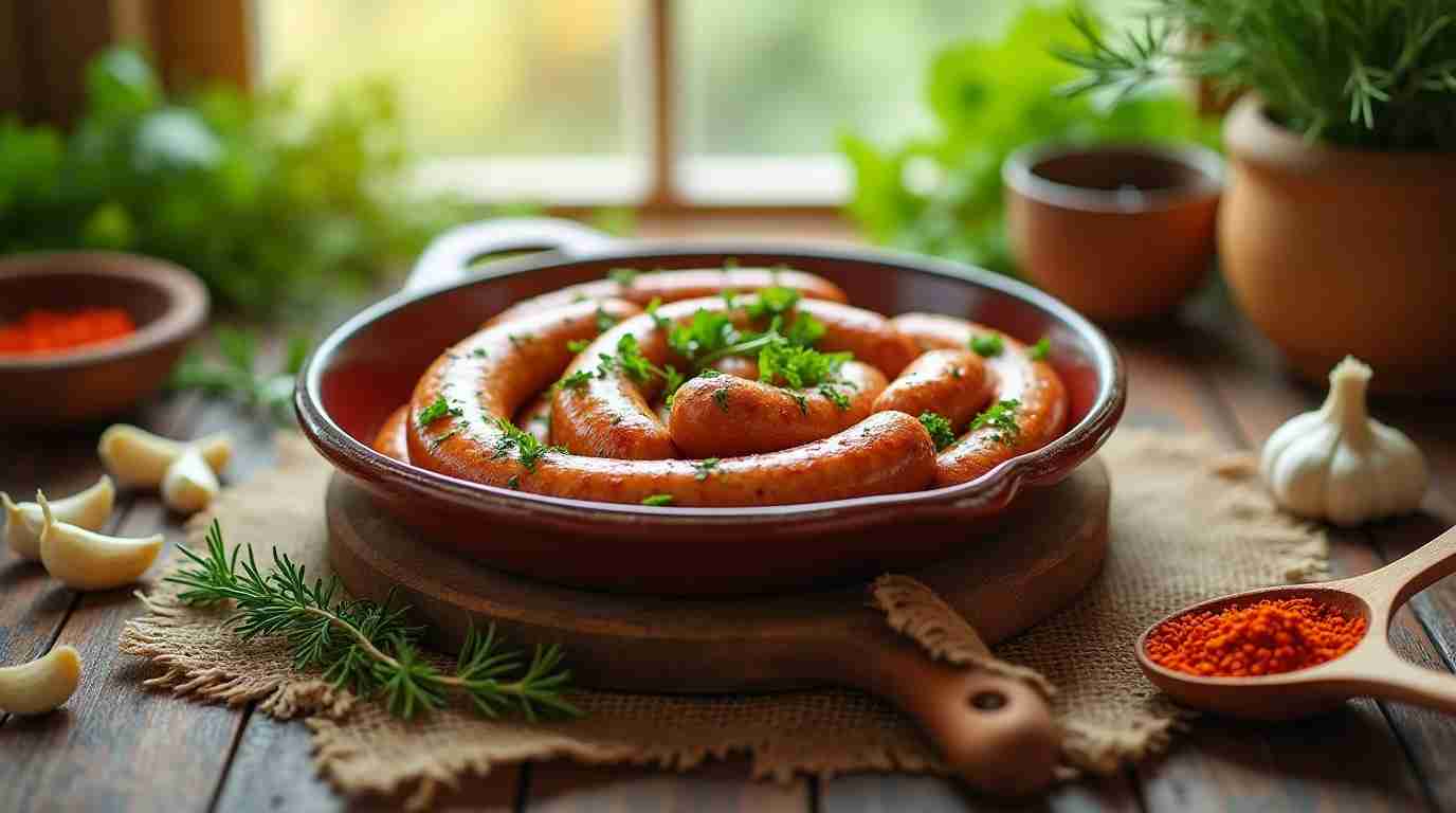 Freshly made fennel sausage served on a rustic plate, garnished with herbs, surrounded by spices and garlic on a wooden table.