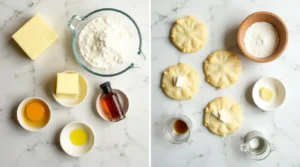 Shortbread vs. Butter Cookies: How to Tell Them Apart 2 Butter, sugar, and flour displayed for shortbread and butter cookies on a kitchen countertop."