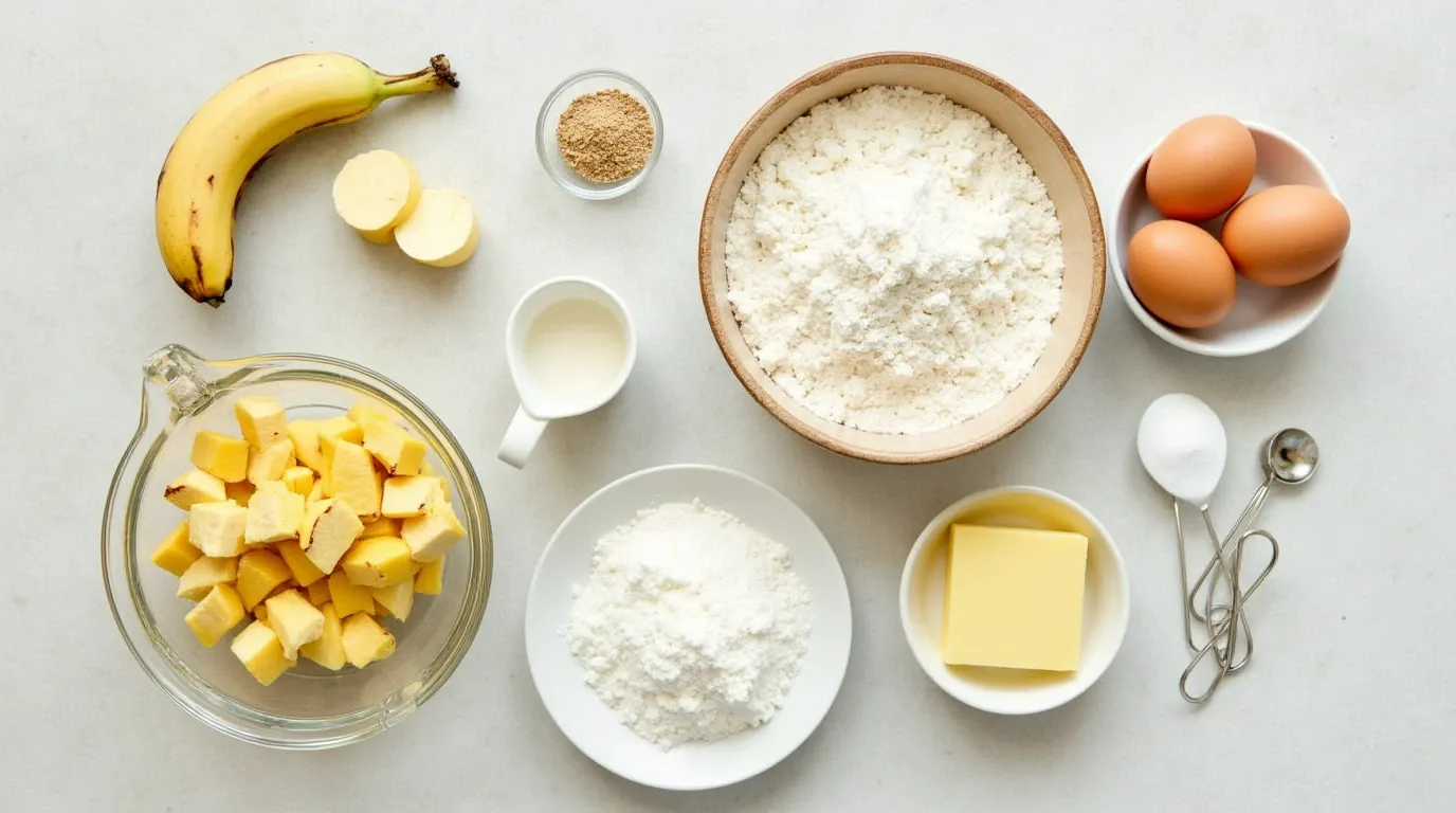 Is 4 Bananas Too Much? How to Get the Perfect Banana Bread Texture 2 A collection of banana bread ingredients, including mashed bananas, flour, eggs, sugar, and butter, arranged neatly on a kitchen counter.
