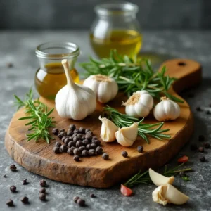 The Ultimate Prime Rib Rub Recipe: Perfect Flavor Every Time 2 A selection of spices and herbs in small bowls, including salt, black pepper, garlic powder, paprika, and fresh rosemary.