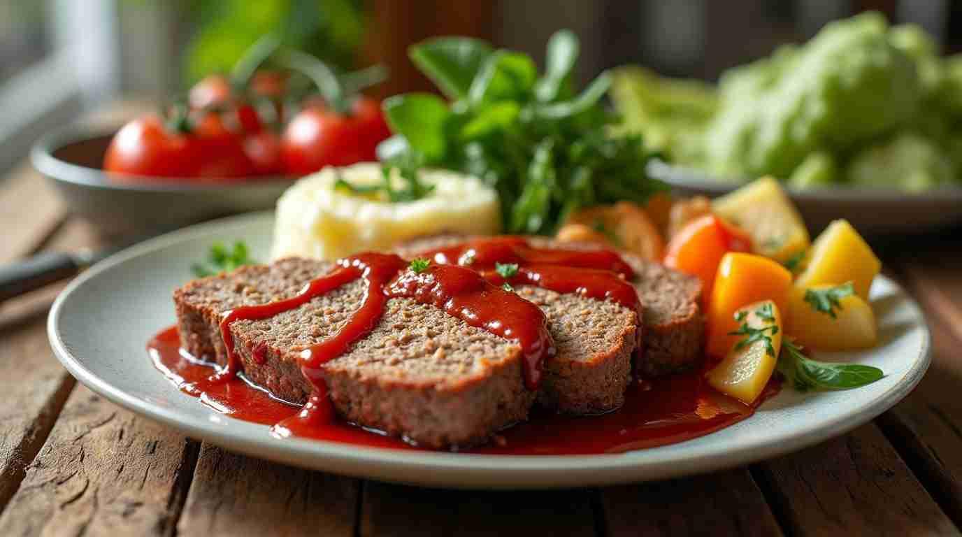 Secret to Juicy Meatloaf. A juicy meatloaf slice with a shiny glaze served with vegetables and mashed potatoes.
