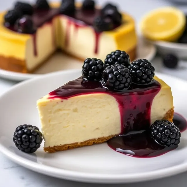 A slice of Lemon Blackberry Cheesecake topped with glossy blackberry sauce and fresh blackberries on a white plate.