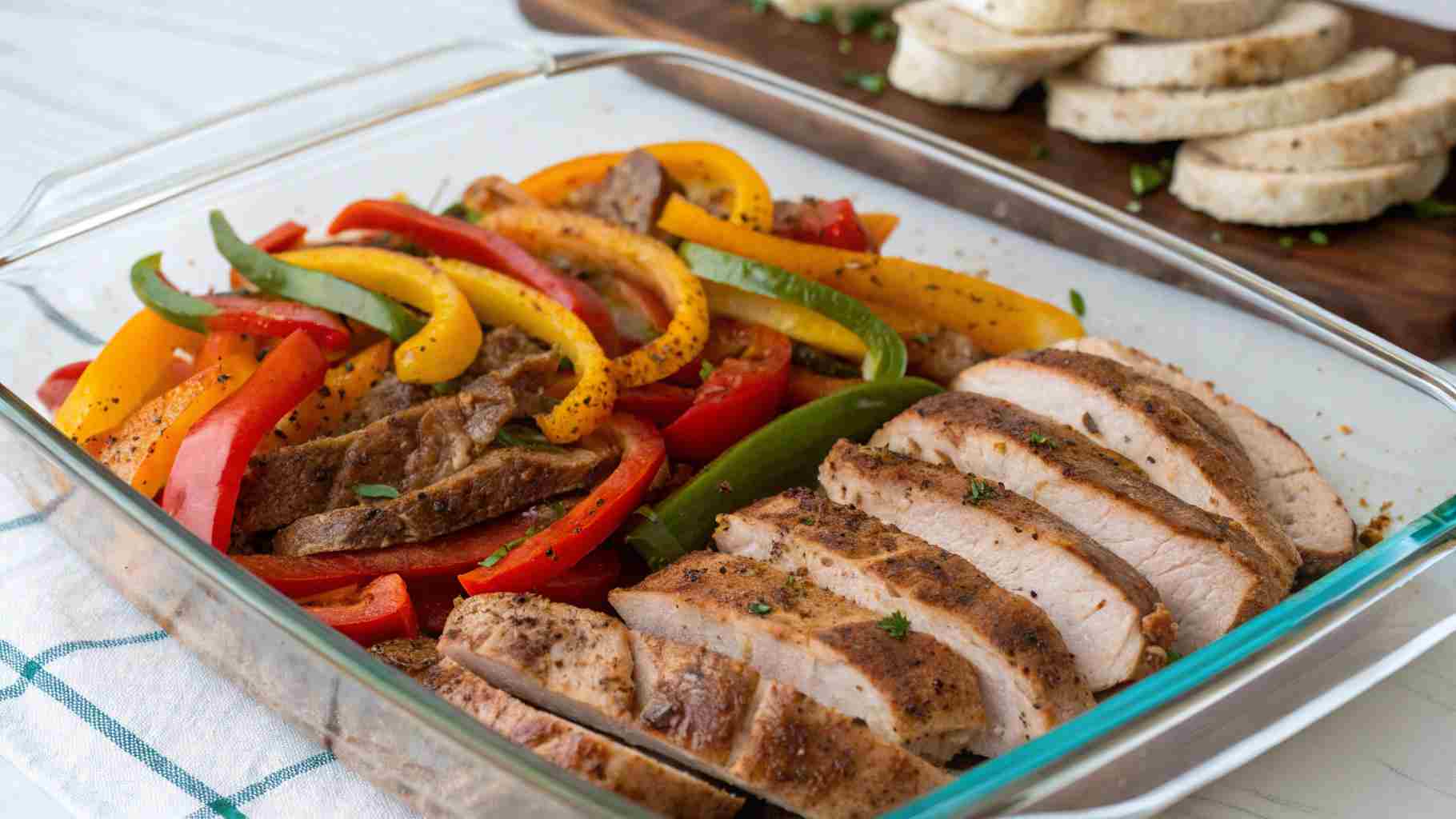 Authentic Fajita Marinade. Chicken, steak, and vegetables coated in fajita marinade in a dish.