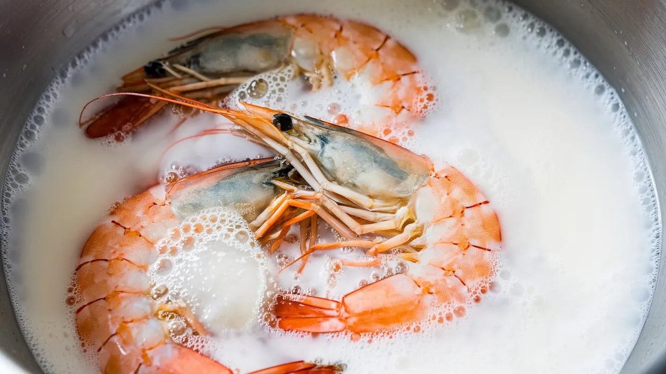 How to Fry Shrimp? A close-up of shrimp soaking in milk to remove any strong seafood odor.