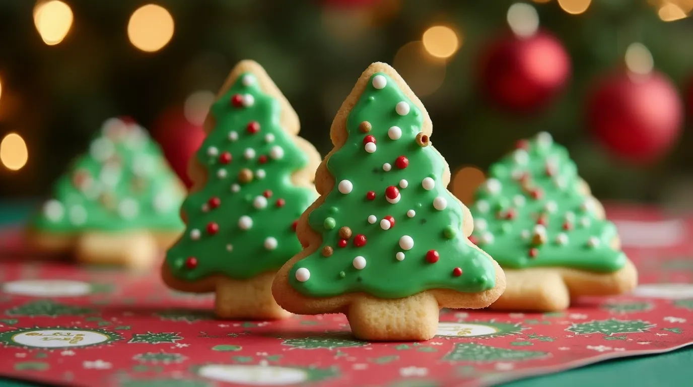 Festive Nutter Butter Christmas cookies shaped like Christmas trees, adorned with colorful sprinkles and icing, set on a holiday-themed table.