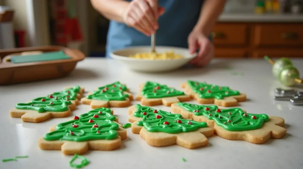 How to Make Nutter Butter Christmas Cookies: A Festive Recipe 2 A hand decorating Nutter Butter cookies with green icing and festive sprinkles for Christmas.