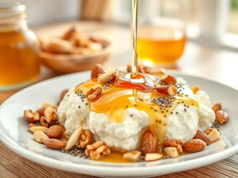 The Best Healthy and Delicious Toppings for Cottage Cheese: 10 Nutrient-Packed Ideas You’ll Love 3 A serving of cottage cheese with almonds, walnuts, chia seeds, and a drizzle of honey.