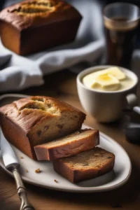 How to Make Banana Bread with 2 Bananas: Quick and Simple Recipe 3 A golden brown banana bread loaf with sliced pieces, surrounded by baking ingredients.