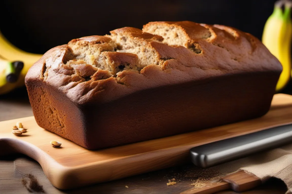 A golden brown banana bread loaf with sliced pieces, surrounded by baking ingredients.