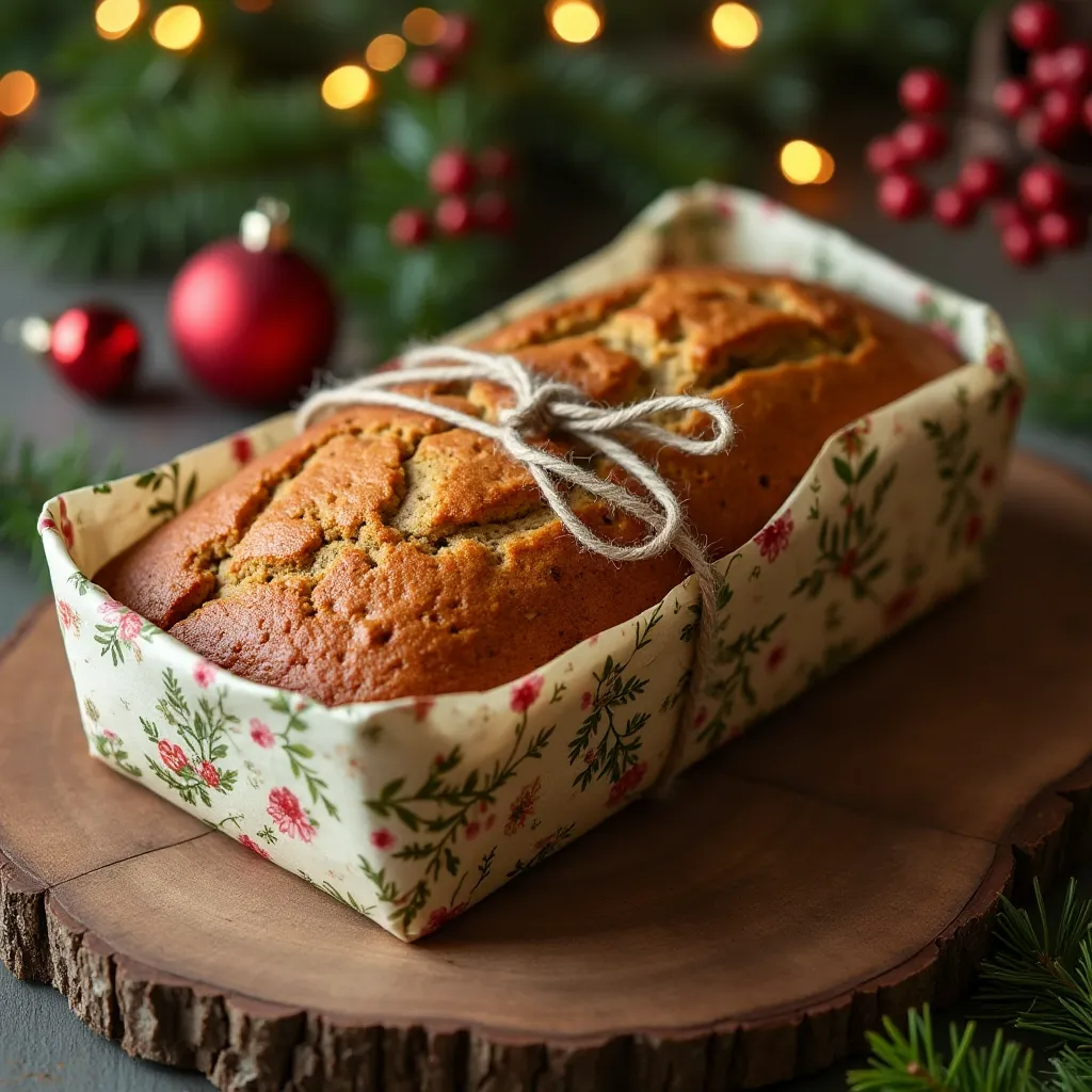 How to Wrap Banana Bread for a Gift. Wrapped banana bread with a gift tag and festive decorations.