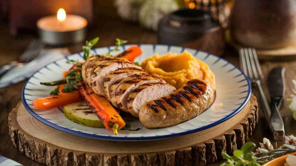 What Is Chicken Apple Sausage Made Of? Full Ingredient Guide 4 Grilled chicken apple sausage served with roasted vegetables and mashed sweet potatoes.