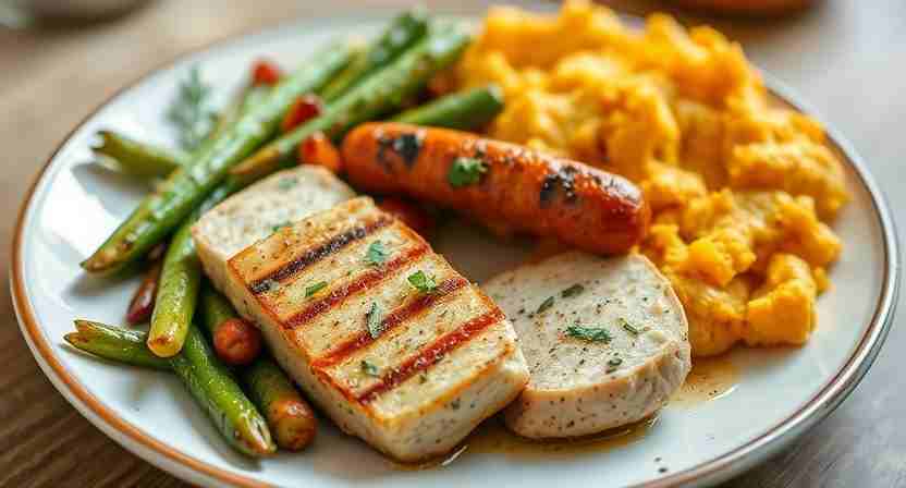 What Is Chicken Apple Sausage Made Of? Full Ingredient Guide 3 Grilled chicken apple sausage served with roasted vegetables and mashed sweet potatoes.