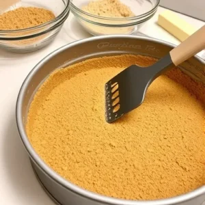 How to Make Blackberry Cheesecake: Easy and Delicious 3 Graham cracker crust being pressed into a springform pan with a spatula.