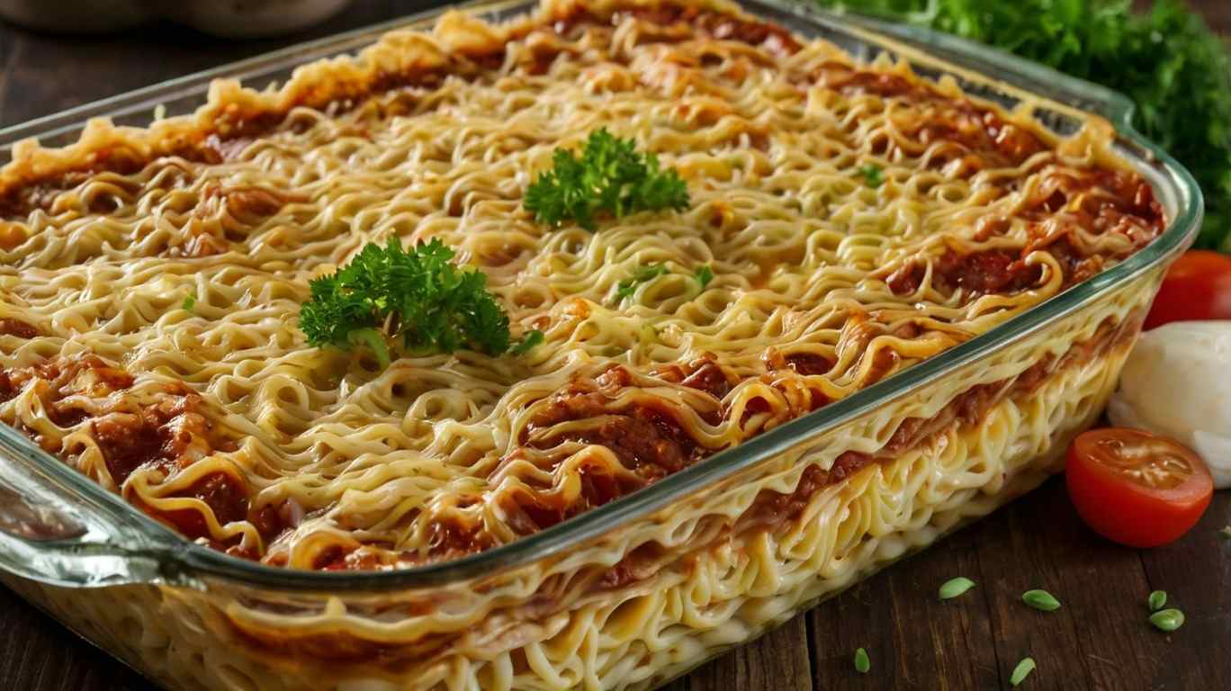 Golden-baked lasagna in a white ceramic dish, topped with melted mozzarella cheese, fresh basil leaves, and herbs, surrounded by fresh tomatoes and greens on a rustic kitchen table