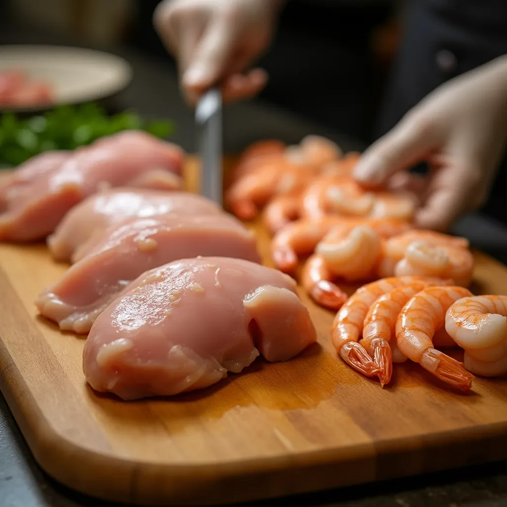 How to Cook Shrimp and Chicken Together: 7 Easy Steps for Perfect Results 6 Raw chicken and shrimp placed separately on a cutting board, with a knife and kitchen hygiene gloves nearby