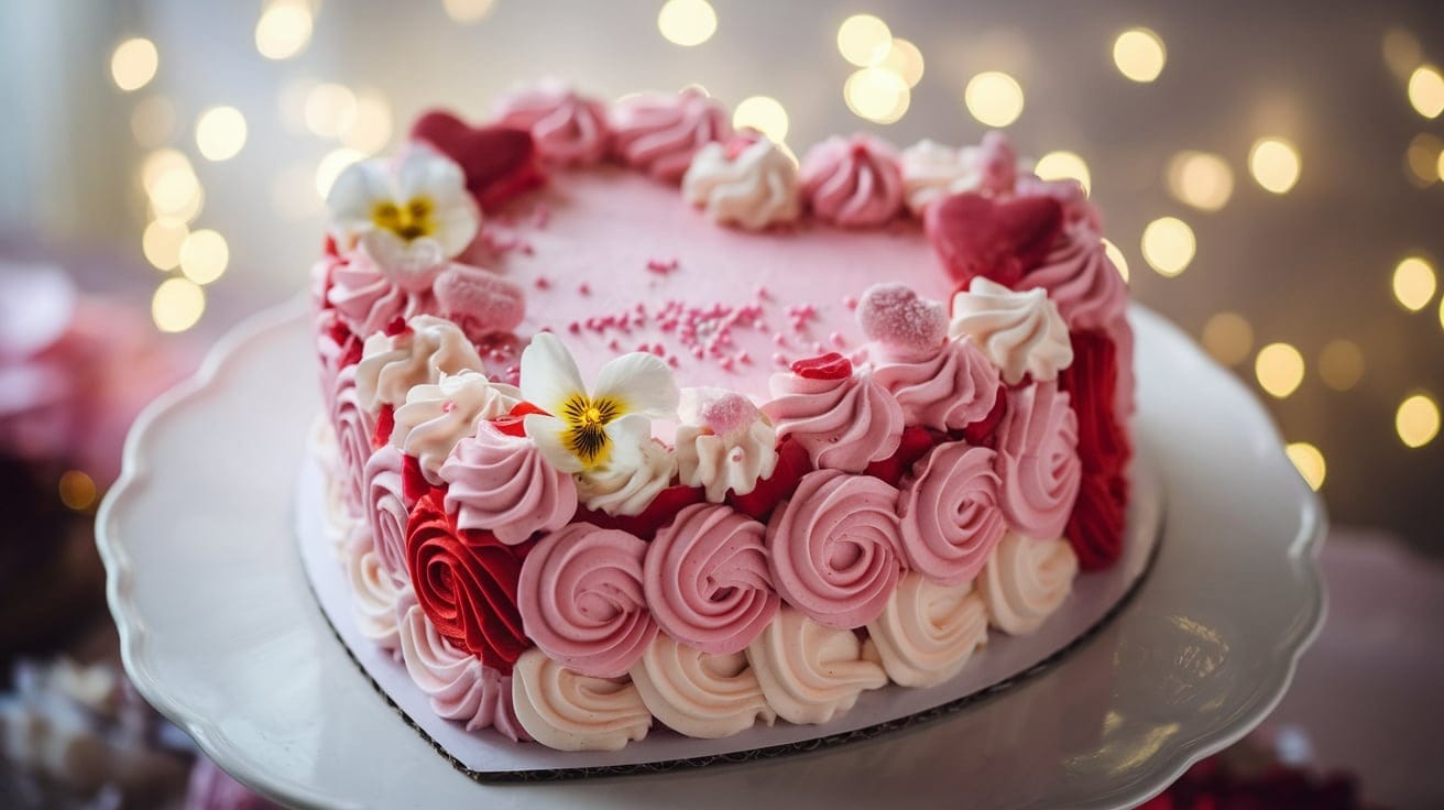 How to Make a Heart Cake. Heart-shaped cake with pink and red frosting on a white platter