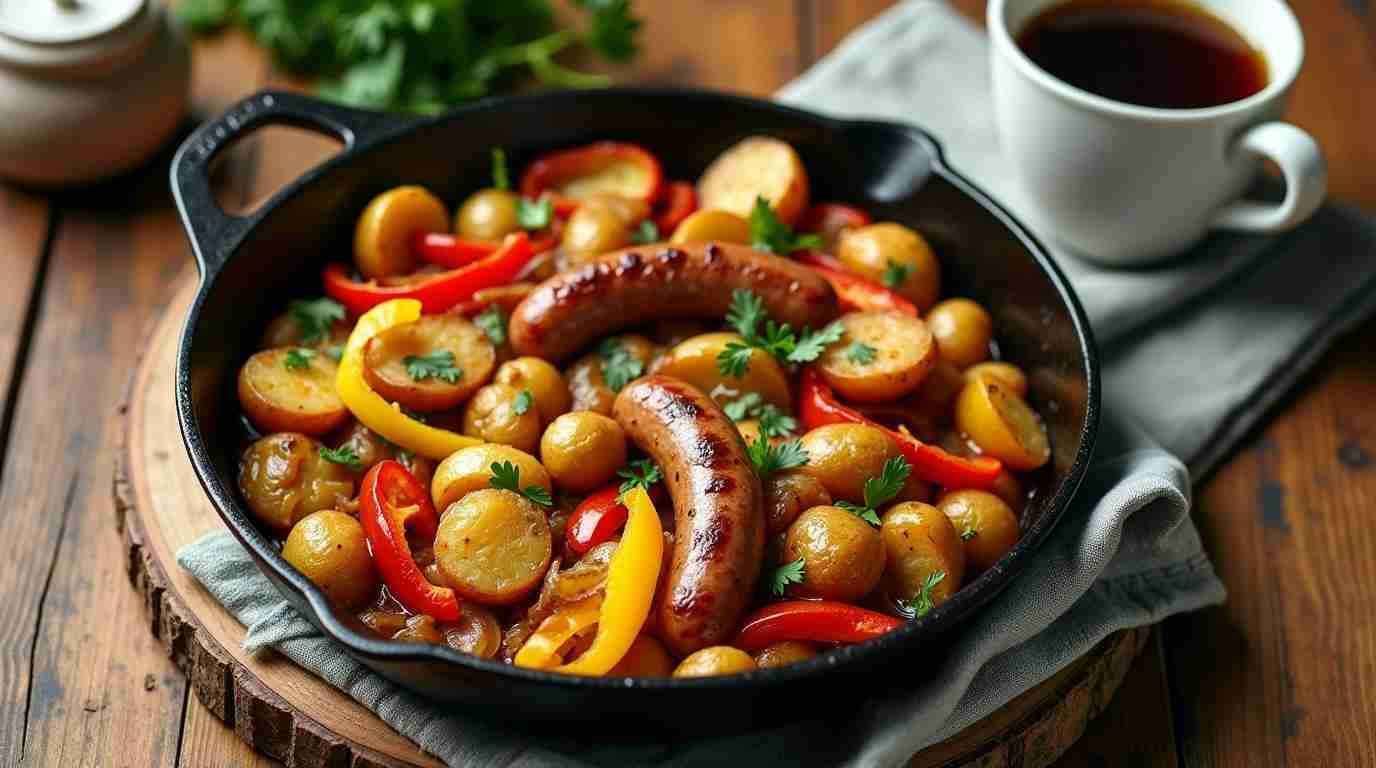 What to make with chicken apple sausage? Chicken apple sausage breakfast skillet with potatoes, peppers, and onions.