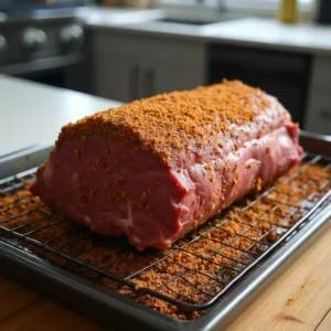 The Ultimate Prime Rib Rub Recipe: Perfect Flavor Every Time 3 A fully seasoned prime rib resting on a wire rack over a baking tray.