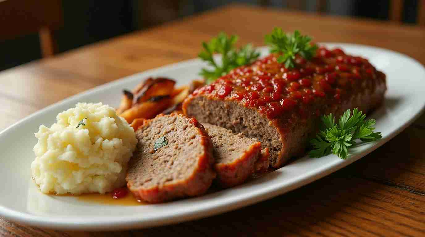 Golden-brown stove top stuffing meatloaf slices served with mashed potatoes and roasted vegetables